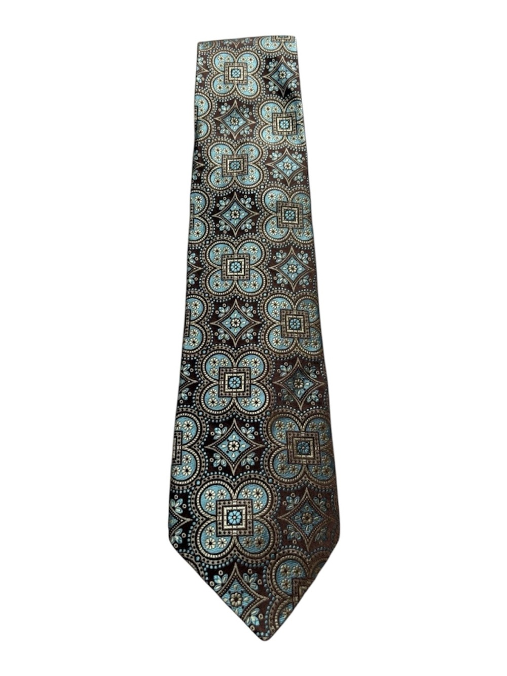 Ted Baker Tie Mens Silk Brown Teal Geometric Floral Jacquard Made In USA Necktie